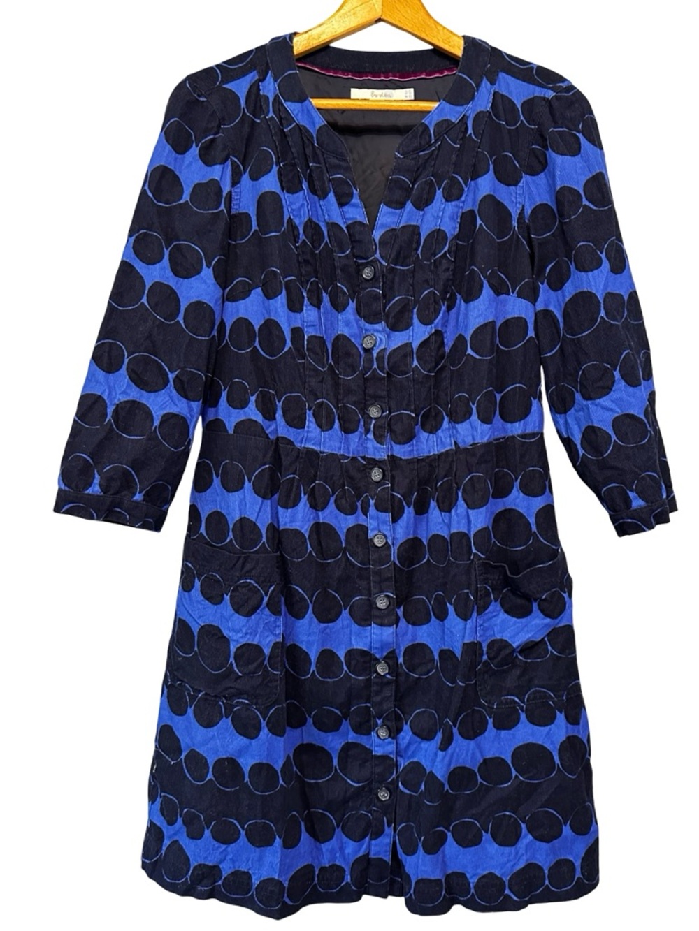 Boden Blue Black Corduroy Dot Button Front Shirt Dress Size 12 Cotton 3/4 Sleeve